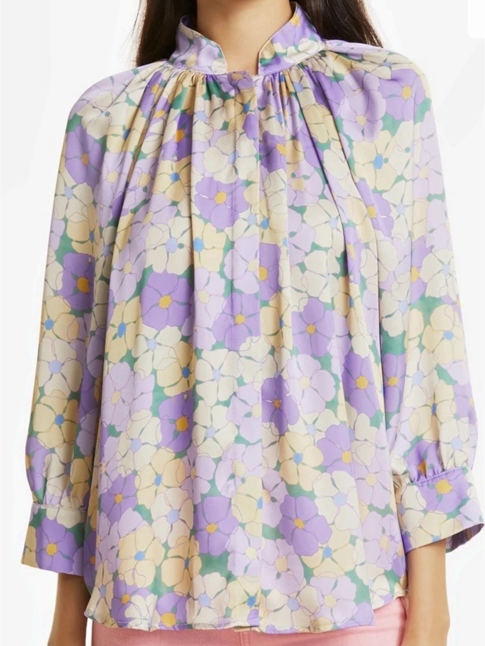 Smythe Gathered Blouse Floral Purple & Cream Size Medium